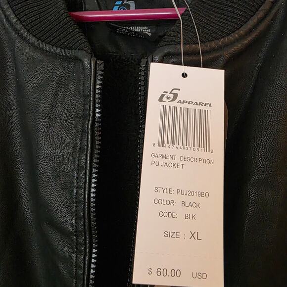 NWT i5 Apparel Black PU Faux Leather Bomber Jacket Men's XL $60 Retail - Picture 3 of 4